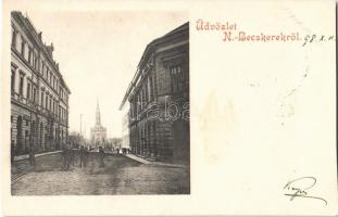 1898 Nagybecskerek, Zrenjanin, Veliki Beckerek; utca, Református templom, Perger Rezső üzlete / street view, Calvinist church, shop (vágott / cut)