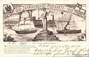 Postcard, ship, law, industry, baloon, train in XX. century