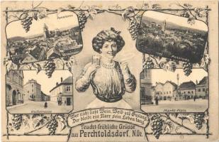 Perchtoldsdorf, Hochstrasse, Marktplatz / street, square. Art Nouveau montage with lady smoking a cigarette, grapes