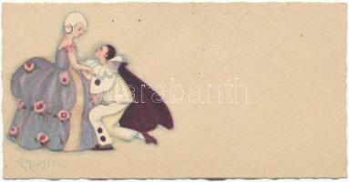 1931 Italian art minicard, lady with clown s: Chiostri (11,7 x 6 cm) (non PC)