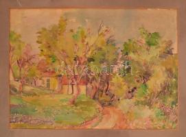 Olvashatatlan jelzéssel: Ligetes táj házakkal. Akvarell, papír, foltos, 25×37 cm