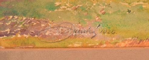 Olvashatatlan jelzéssel: Ligetes táj házakkal. Akvarell, papír, foltos, 25×37 cm