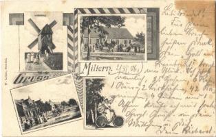 1906 Miltern, Windmühle, Gasthof zur Eisenbahn v. Mewes, Dorfstrasse. W. Lohse / windmill, railway inn, street view, lady with bicycle. Art Nouveau (EB)