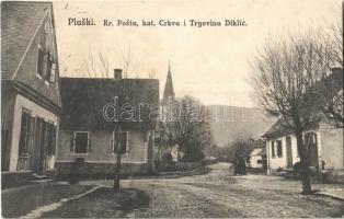 1917 Plaski (Lika), Kr. Posta, kat. Crkva i  Trgovina Diklic / Posta hivatal, Római katolikus templom, Diklic üzlete / post office, Catholic church, shop of Diklic. Fot. Simic