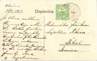 1912 Otocsán, Otocac; Ljekarna Castek / Fő utca, templom, gyógyszertár, piaci árusok, szekerek. D. M...