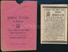 cca 1910-1940 Székesfehérvár, Krausz Verona dohány-, sziver és bélyeg-eladás kereskedésének és Méhkas fekete ruhafesték borítékjai, az egyiken szakadással, a másikon kis hiánnyal, 14x10 cm és 11x7 cm