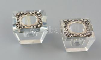 Ezüst és kristály gyertyatartó pár / Silver-crystal candle holder pair 4x4x2,5 cm