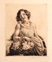 Prihoda István (1891-1956): Lány virágkosárral. Rézkarc, papír, jelzett, 25×19,5 cm