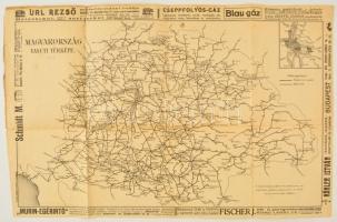 cca 1910 Magyarország vasuti térképe, Bp. Posner és Fia, a lapszélen korabeli reklámokkal, hajtásnyomokkal, kis lyukkal, 30x46 cm.