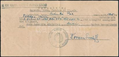 1944 Borszék, Szántó Pál zsidó származású munkaszolgálatos részére kiadott igazolvány a Borszékre áthelyezett M. kir. 109/20-as Kisegítő Munkás Századtól