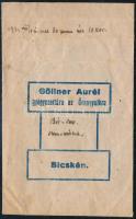 1921 Bicske, Göllner Aurél gyógyszertára az Őrangyalhoz tasakja, 10x6 cm