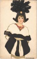 Mode / Art Nouveau lady fashion. Wiener Werkstätte No. 590. s: Mela Koehler (pinholes)