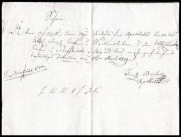 1829 Borsos Ferenc debreceni gyógyszerész által kézzel írt levél gróf Wartensleben gyógyszervásárlás utáni adósságának nyugtázására