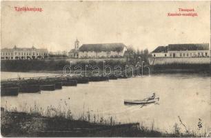 1914 Törökkanizsa, Nova Kanjiza, Novi Knezevac; Tisza-part, Kaszinó vendéglő, étterem, csónak, hajóhíd / riverbank, pontoon bridge, boat, casino, restaurant (fl)