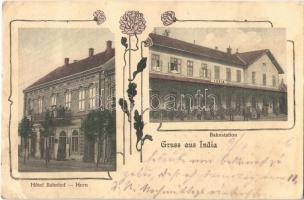 1908 India, Indija; Hotel Bahnhof Horn, Bahnstation / Vasúti szálloda, vasútállomás, vasutasok / railway hotel, railway station. Art Nouveau, floral (EK)