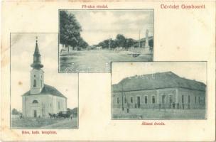 1911 Gombos, Bogojeva, Bogojevo; Fő utca, Római katolikus templom, Állami óvoda, lovaskocsi. Kiadja Weisz Lázár / main street, Catholic church, nursery, horse-drawn carriage (fl)