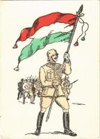 Bevonuláskori művészlap katonával és magyar zászlóval. Kiadja a Defhe Aradi Temesi Bánság / WWII entry of the Hungarian troops, soldier with Hungarian flag. Irredenta art postcard (EK)