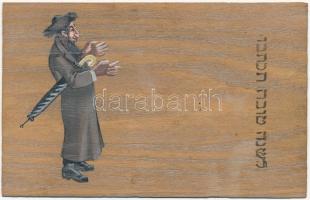 1899 Rabbi, héber felirattal. Kézzel rajzolt és színezett egyedi lap fakéregből / Rabbi, Hebrew text. Custom made hand-drawn and hand-painted wooden card made out of tree bark. Judaica
