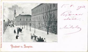 1900 Goszpics, Gospic; Fő utca télen, templom / main street in winter, church. Naklada Lavoslava Vukelica (EK)