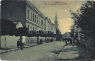 1911 Goszpics, Gospic; Vise djvojacka i niza pucka skola / Leánygimnázium és elemi iskola, templom. B. W. 326. / girls high school, elementary school, church (EK)