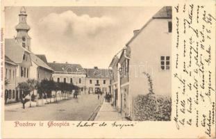 1901 Goszpics, Gospic; utca, templom / street view, church. Naklada M. Kolaccvic No. 327. (vágott / cut)