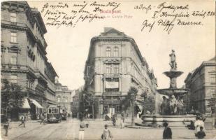 1913 Budapest VIII. Kálvin tér, szökőkút, villamosok, Magyar fém és lámpaáru gyár