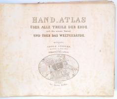1864 Stieler, Adolf: Hand-atlas über alle Theile der Erde und über das Weltgebaude. Gotha, 1864, Justus Perthes, 2 sztl. lev.+83 t.+1 sztl. lev.+32 t. Színezett acélmetszetek. Kiadói haránt alakú aranyozott egészvászon-kötés, kopott, foltos borítóval, sérült gerinccel, sérült kötéssel, gyűrött, foltos elülső előzéklappal és szennylappal, kissé foltos lapokkal, néhány kisebb lapszéli sérüléssel, megviselt állapotban.