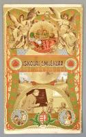 1914 Rendkívül dekoratív szecessziós, aranynyomásos kihajtható iskolai emléklap, szign.: K. Sávely D., fényképpel, a nagyvárad-olaszi (Erdély) római katolikus elemi fiúiskola pecsétjével, rendkívül ritka, jó állapotban
