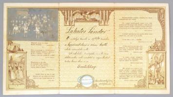 1914 Rendkívül dekoratív szecessziós, aranynyomásos kihajtható iskolai emléklap, szign.: K. Sávely D...