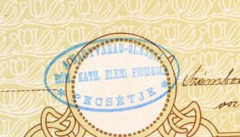 1914 Rendkívül dekoratív szecessziós, aranynyomásos kihajtható iskolai emléklap, szign.: K. Sávely D...