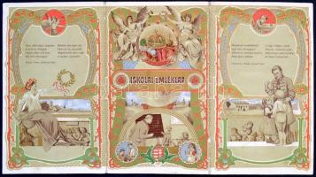 1914 Rendkívül dekoratív szecessziós, aranynyomásos kihajtható iskolai emléklap, szign.: K. Sávely D...
