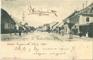 1901 Otocsán, Otocac; Fő utca, üzletek, templom / main street, shops, church. Naklada Dane Vuksan (EK)