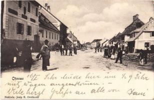 1902 Otocsán, Otocac; Svratiste K. Banu Jelacicu / utca, üzletek, K. Banu vendéglője, étterem. Josip B. Oreskovic kiadása / street view, shops, inn, restaurant (EB)