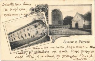 1903 Pakrác, Pakratz, Pakrac; Srpska ucit muska skola, Gostionastari Grad / Szerb fiúiskola, Régi vár fogadó, vendéglő, étterem / Serbian boys school, old castle inn, restaurant (gyűrődés / crease)