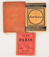 Budapest útmutatója. Vezető a magyar székesfőváros területén és környékén. Szerk.: Vigand Dezső, Kerekes Andor. Bp., é.n.,[Kunossy Vilmos és Fia-ny.) Kiadói aranyozott egészvászon kötésben, kopott borítóval, térkép nélkül. +Süd-Italien. Griebens Reiseführer. 203. Milano-Berlin, 1927, Grieben Verlag-Touring Club Italiano. Német nyelven. Kiadói egészvászon-kötés, kiadói szakadt papír védőborítóban.+Indficateur des Rues de Paris. Paris, én., Cartes Taride. Franica nyelven. Kiadói kissé kopott papírkötés, térkép nélkül.