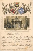 München, Munich; Siegesthir / battle gate. Wolfrum & Hauptmann Art Nouveau, coat of arms, Emb. litho