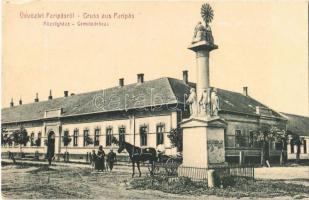 1910 Paripás, Parabuty, Parabutsch, Parabuc, Ratkovo; Községháza, Szentháromság szobor. W. L. (?) 1979. Mergl György kiadása / Gemeindehaus / town hall, Holy Trinity statue