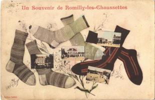 Romilly-les-Chaussettes, Montage postcard with socks, floral Art Nouveau (Rb)