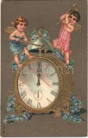 1908 Boldog Újévet! / New Year greeting art postcard, Angels with clock. Emb. floral, litho