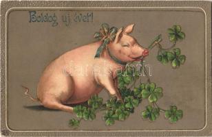 Boldog Újévet! / New Year greeting art postcard, Pig with clovers. Emb. litho (EK)