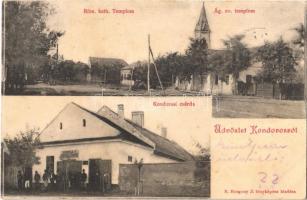 1900 Kondoros, Római katolikus és Ágostai evangélikus templom, Kondorosi csárda. R. Rozgony J. fényképész kiadása