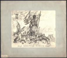1948 A Magyar Postának a szabadságharc 100 éves évfordulójára készített 60f-es bélyegterve, a kiadottnál sokkal szebb grafikával, akvarell, szirtes jelzéssel, kartonra kasírozva, 15×17,5 cm