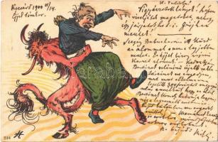 1900 Krampusz anyóssal / Krampus with mother-in-low. litho