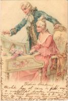 1900 Baroque couple, piano. litho