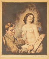 Prihoda István (1891-1965): Önarckép akttal. Színezett rézkarc, papír, jelzett, üvegezett keretben, 28,5×24 cm