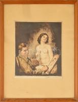 Prihoda István (1891-1965): Önarckép akttal. Színezett rézkarc, papír, jelzett, üvegezett keretben, ...