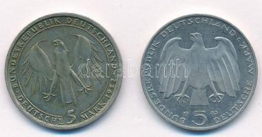 NSZK 1982D 5M Cu-Ni "Johann Wolfgang von Goethe" + 1983J 5M Cu-Ni "Karl Marx halálána...