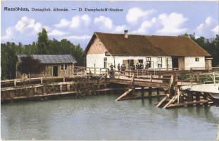 1916 Rezsőháza, Rudolfsgnad, Knicanin; Duna-Gőzhajózási Társaság hajóállomása. Kiadja Varga János. Oldal felvétele / D. Dampfschiff-Station / Danube steamship station