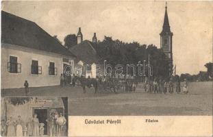 1911 Pér (Győr), Fő utca, templom, lovaskocsi, Krausz Károly üzlete és saját kiadása (Rb)