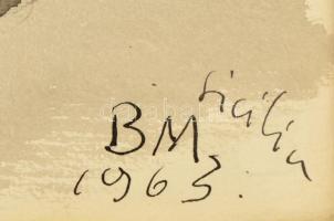 Borsos Miklós (1906-1990): Sicilia 1963. Lavírozott tus, papír, jelzett, üvegezett keretben, (dediká...